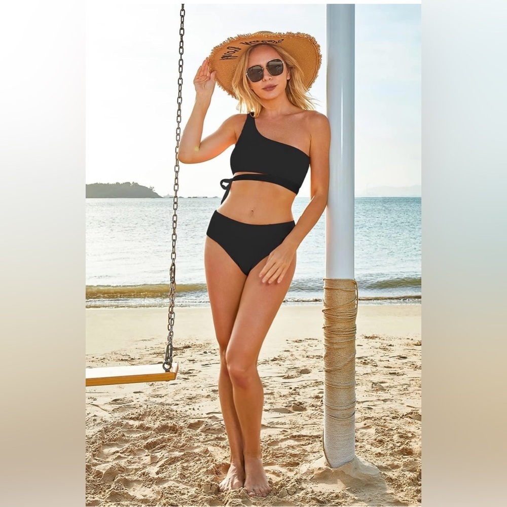 MOOSLOVER Women One Shoulder High Waisted Bikini Tie High Cut Two Piece Swimsuit